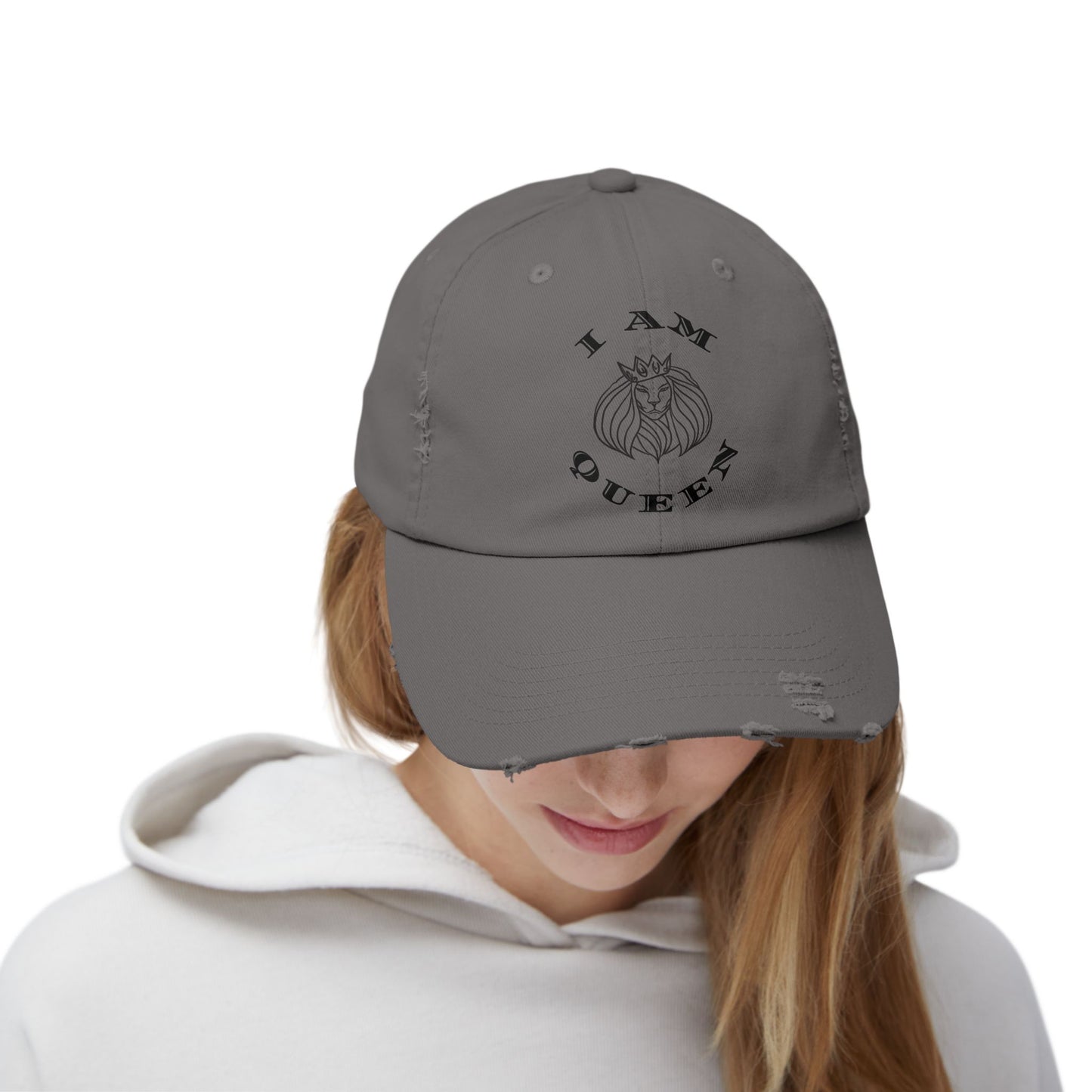 I Am Queen Unisex Distressed Cap - Pink Lion Graphic Hat, I Am King, I Am Queen, leadership, ruling, family, uplifting, kindness, King, Queen, Love, Lion.