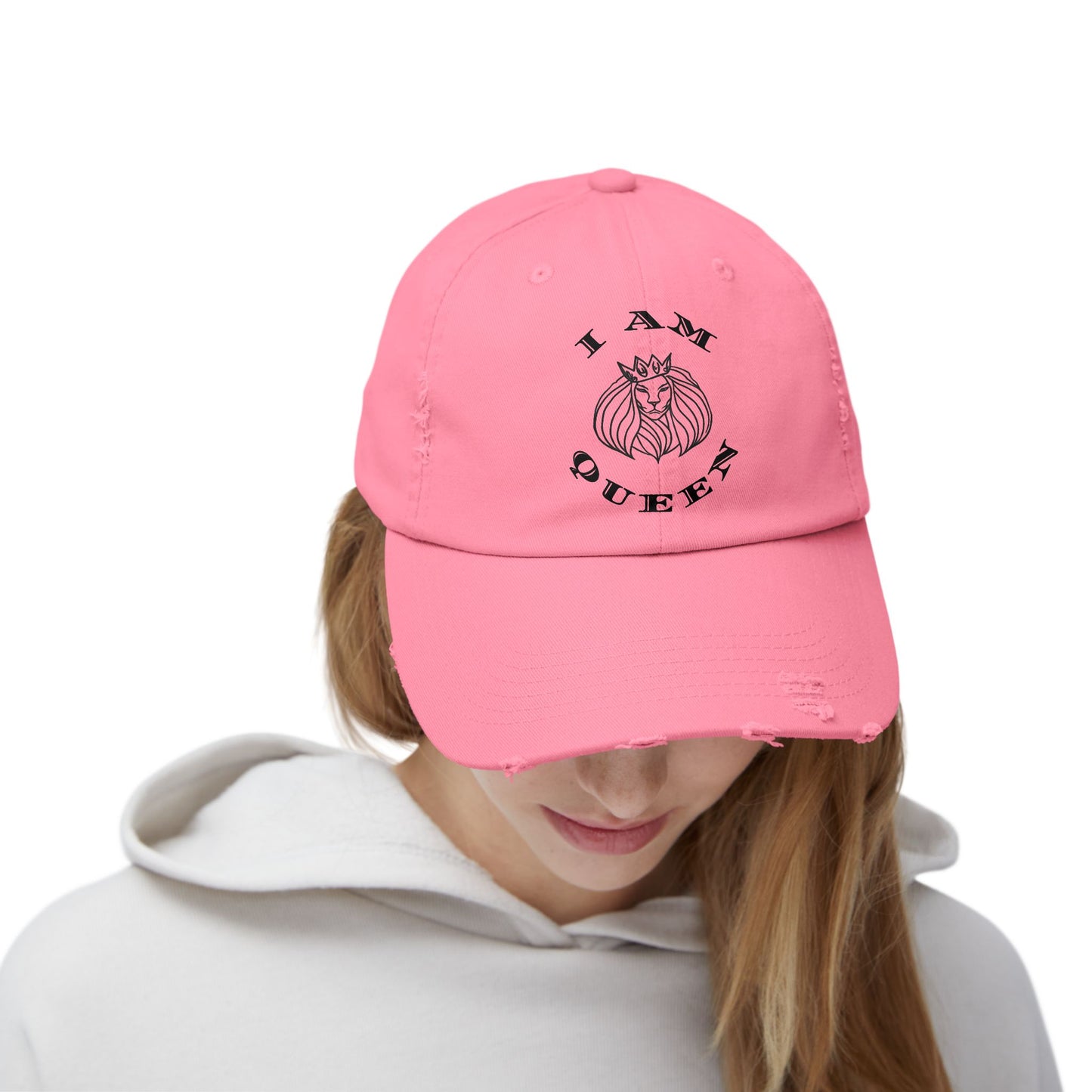 I Am Queen Unisex Distressed Cap - Pink Lion Graphic Hat, I Am King, I Am Queen, leadership, ruling, family, uplifting, kindness, King, Queen, Love, Lion.