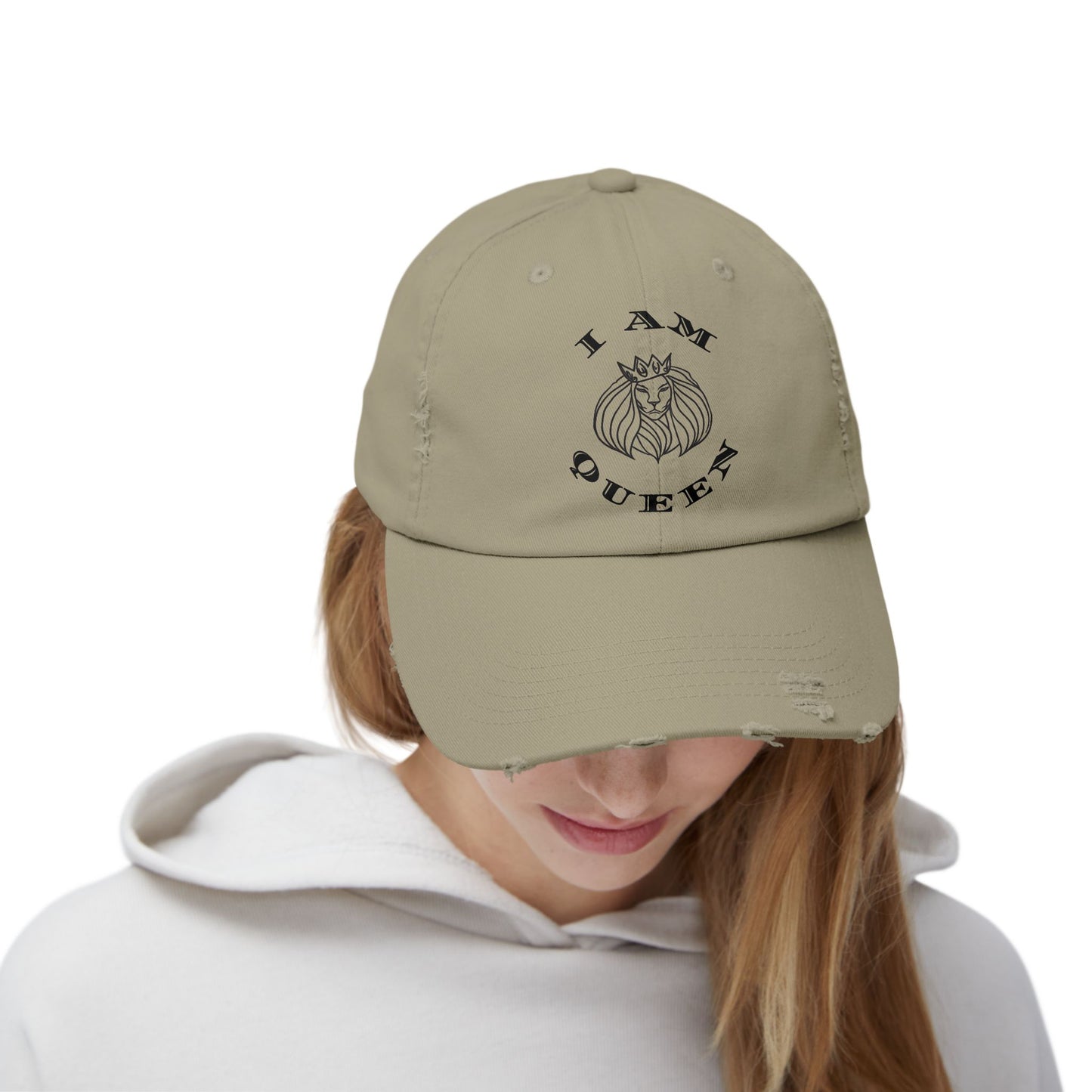 I Am Queen Unisex Distressed Cap - Pink Lion Graphic Hat, I Am King, I Am Queen, leadership, ruling, family, uplifting, kindness, King, Queen, Love, Lion.