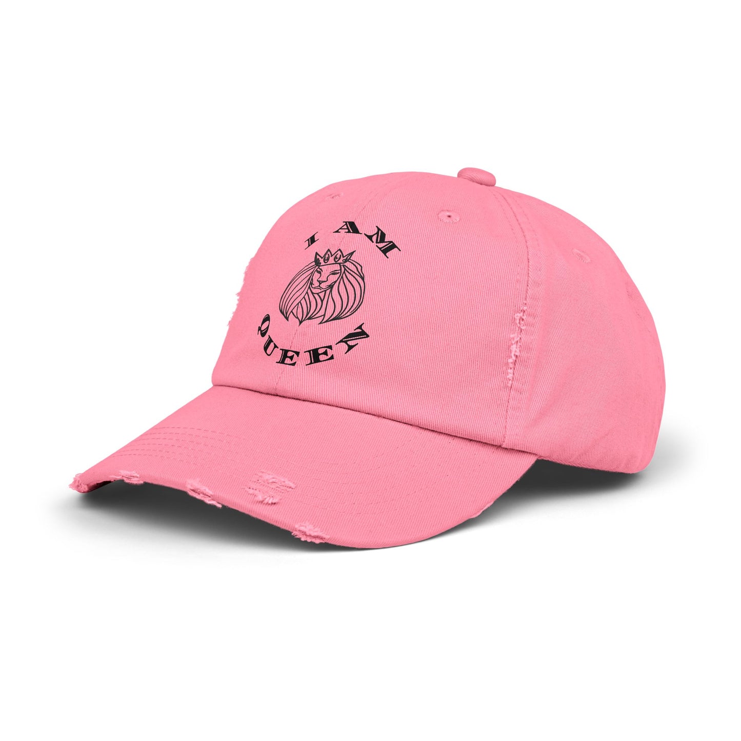 I Am Queen Unisex Distressed Cap - Pink Lion Graphic Hat, I Am King, I Am Queen, leadership, ruling, family, uplifting, kindness, King, Queen, Love, Lion.