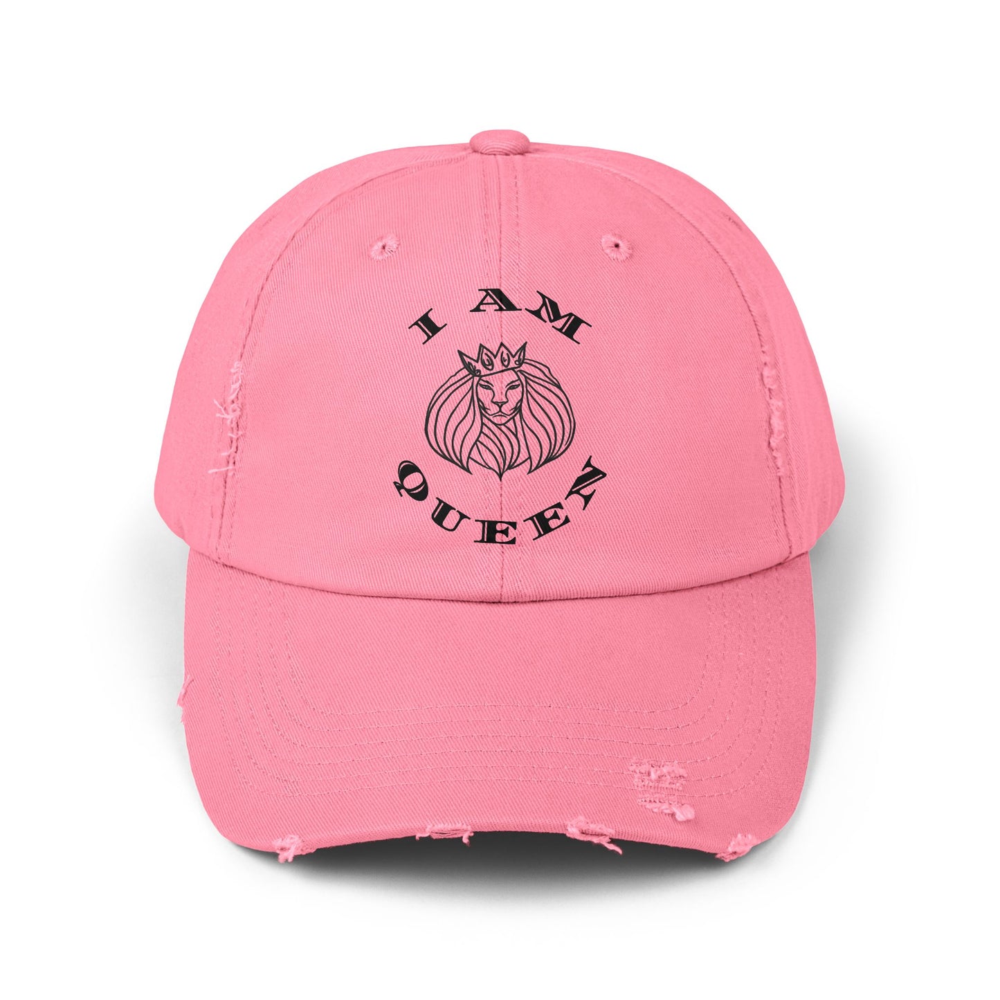I Am Queen Unisex Distressed Cap - Pink Lion Graphic Hat, I Am King, I Am Queen, leadership, ruling, family, uplifting, kindness, King, Queen, Love, Lion.