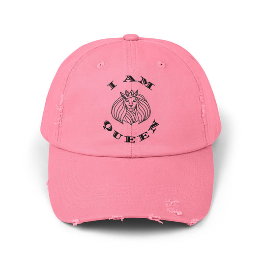 I Am Queen Unisex Distressed Cap - Pink Lion Graphic Hat, I Am King, I Am Queen, leadership, ruling, family, uplifting, kindness, King, Queen, Love, Lion.