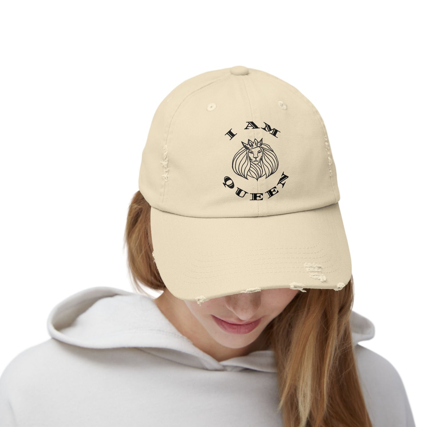 I Am Queen Unisex Distressed Cap - Pink Lion Graphic Hat, I Am King, I Am Queen, leadership, ruling, family, uplifting, kindness, King, Queen, Love, Lion.