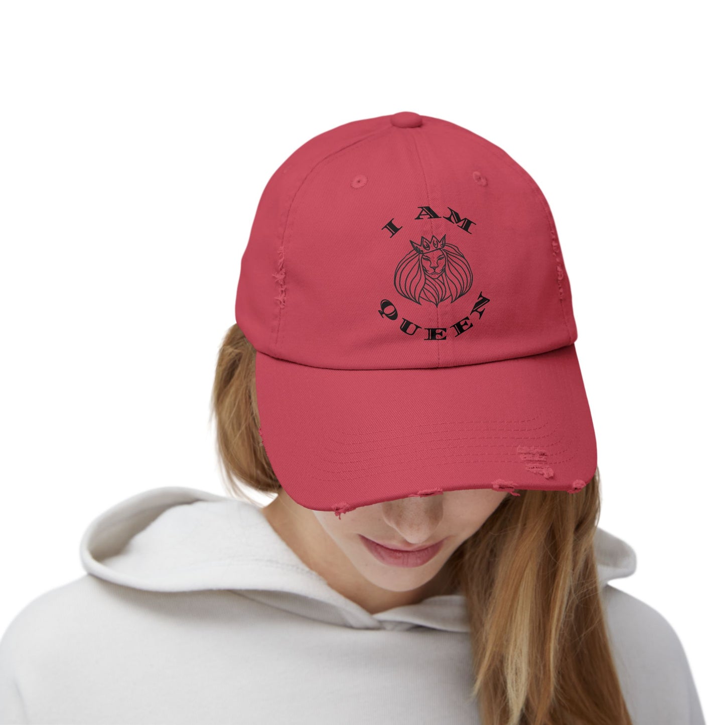 I Am Queen Unisex Distressed Cap - Pink Lion Graphic Hat, I Am King, I Am Queen, leadership, ruling, family, uplifting, kindness, King, Queen, Love, Lion.