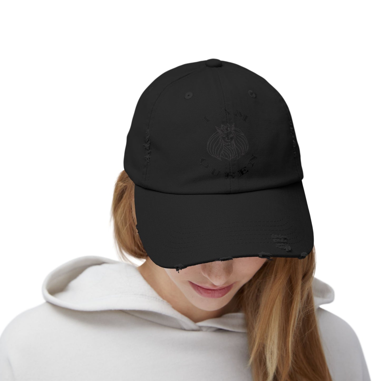 I Am Queen Unisex Distressed Cap - Pink Lion Graphic Hat, I Am King, I Am Queen, leadership, ruling, family, uplifting, kindness, King, Queen, Love, Lion.