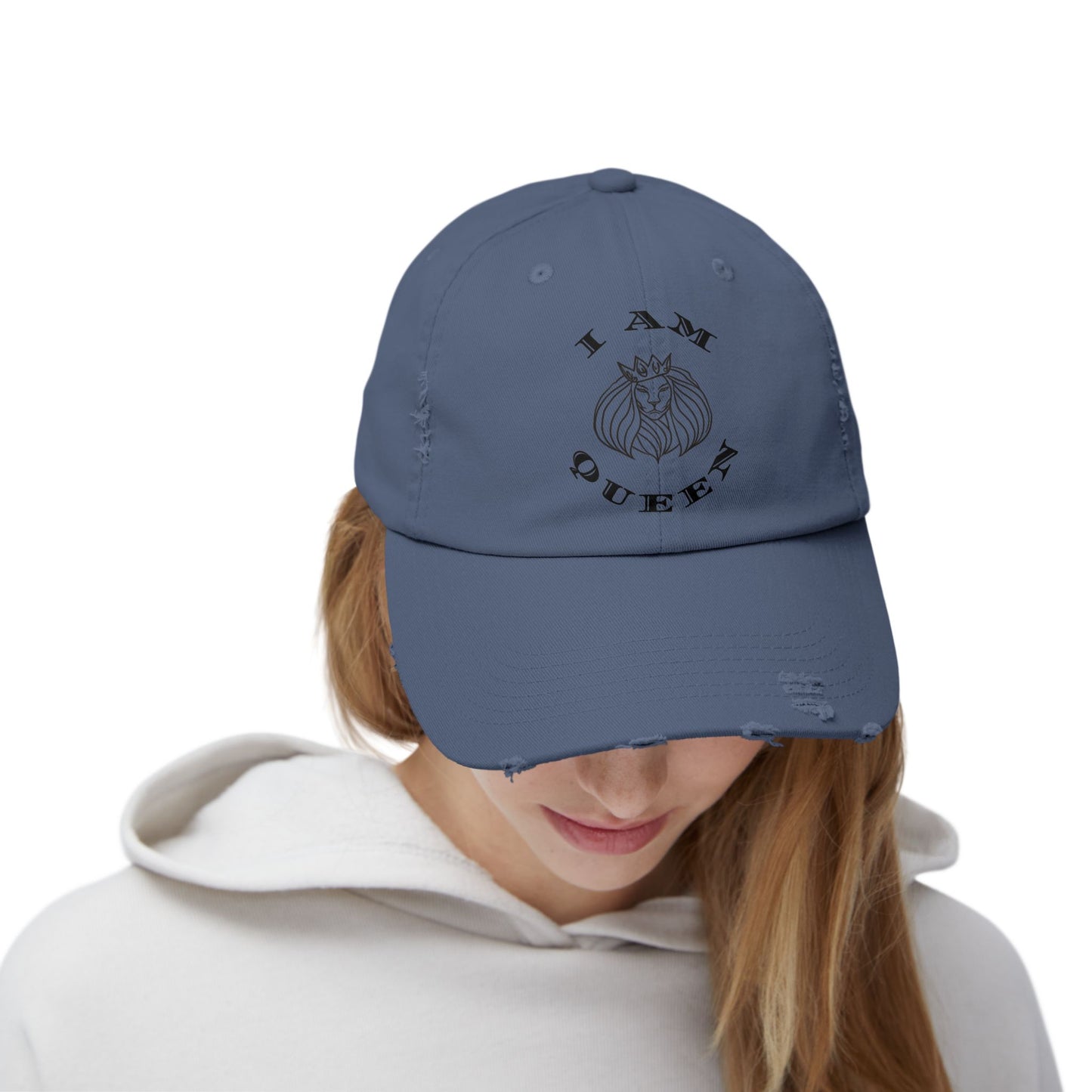 I Am Queen Unisex Distressed Cap - Pink Lion Graphic Hat, I Am King, I Am Queen, leadership, ruling, family, uplifting, kindness, King, Queen, Love, Lion.