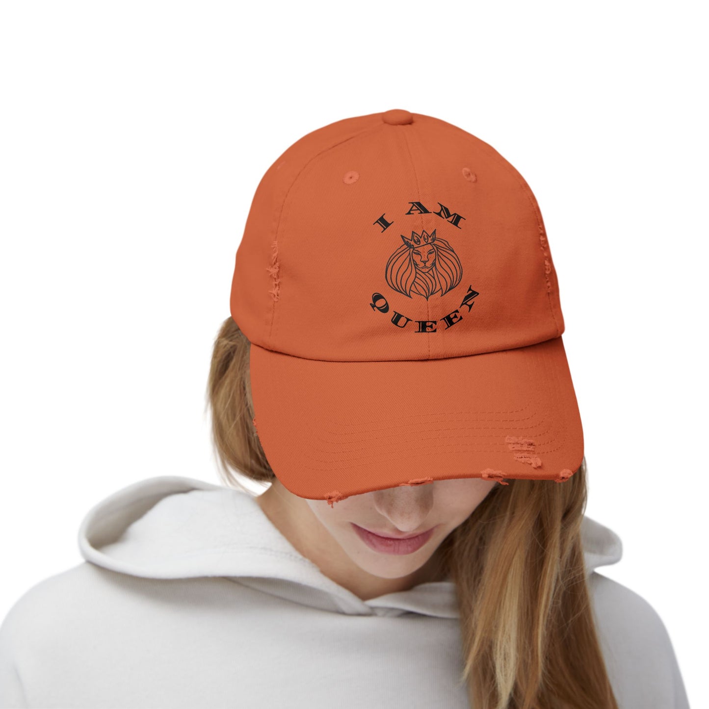 I Am Queen Unisex Distressed Cap - Pink Lion Graphic Hat, I Am King, I Am Queen, leadership, ruling, family, uplifting, kindness, King, Queen, Love, Lion.